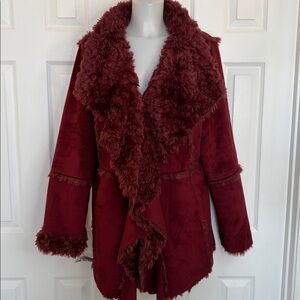 DONNA SALYERS FABULOUS FURS OVERSIZED FAUX SUEDE/FUR BURGUNDY JACKET COAT SZ XL